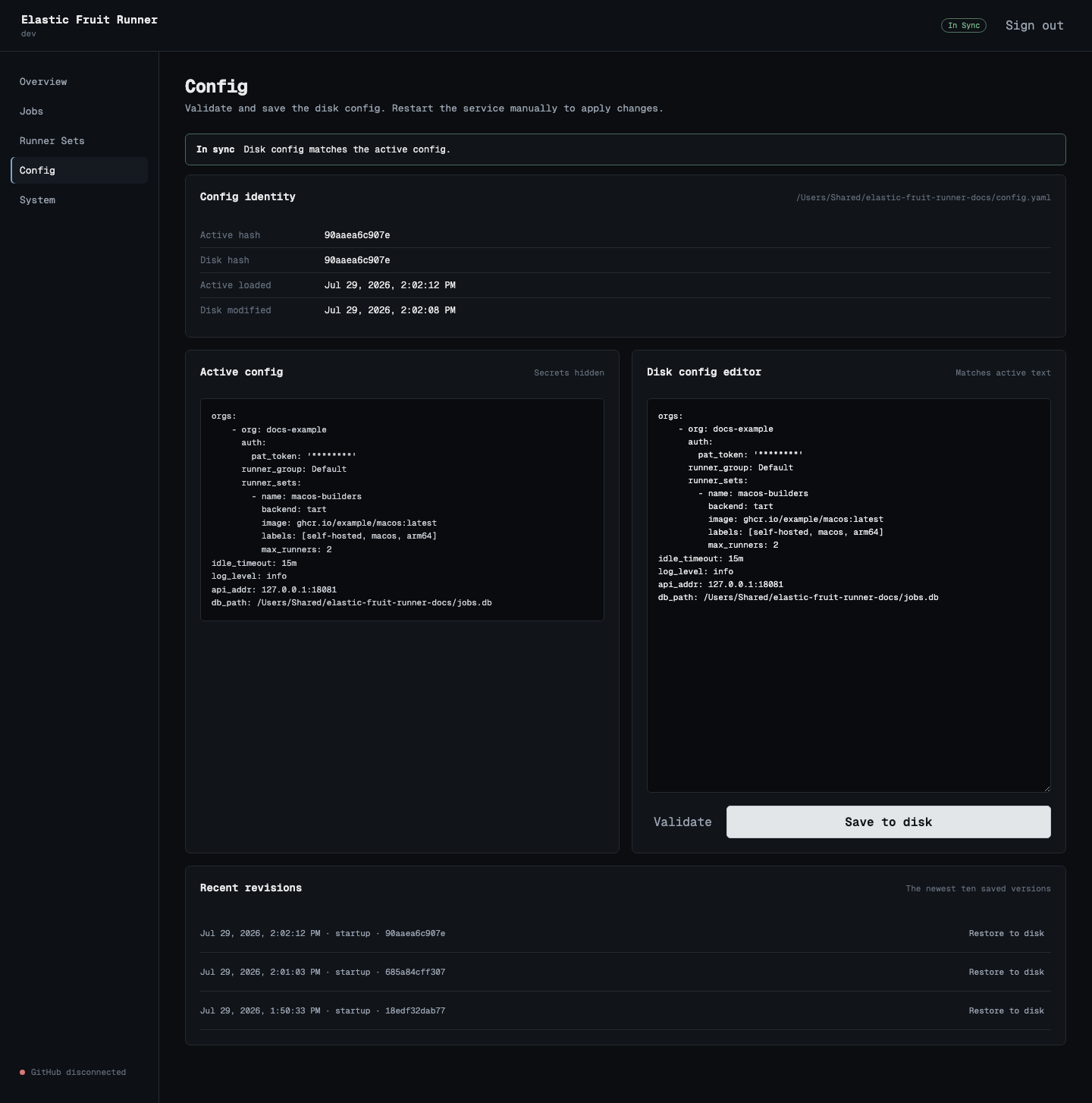 Config page showing active and disk identity, the editor, and recent revisions