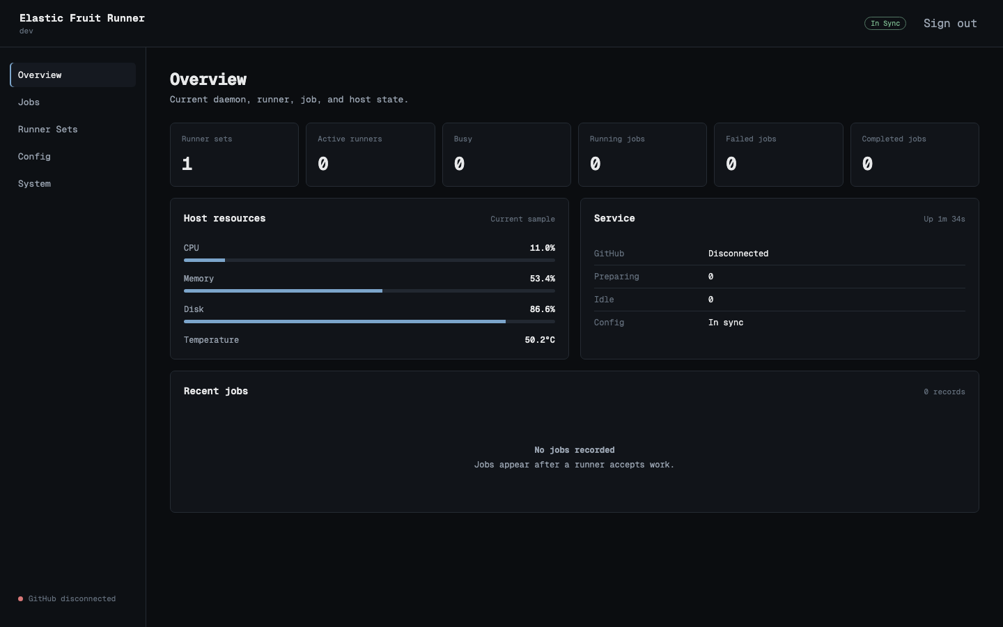 Console Overview showing runner capacity, job state, config state, and host resources